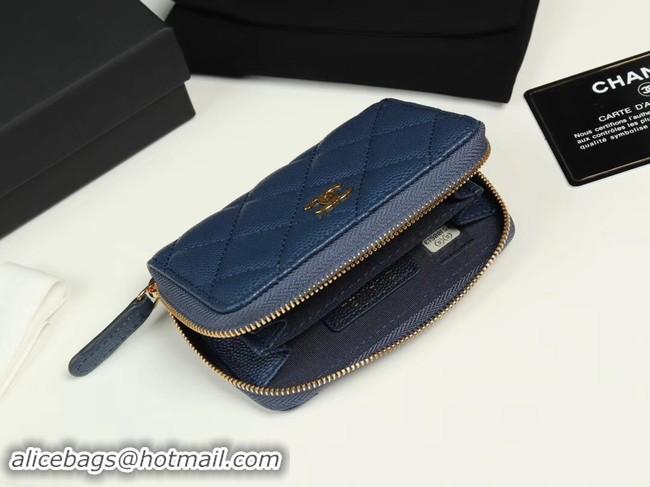 Charming Chanel classic card holder Grained Calfskin & Gold-Tone Metal A69271 dark Blue