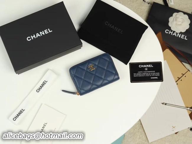 Charming Chanel classic card holder Grained Calfskin & Gold-Tone Metal A69271 dark Blue