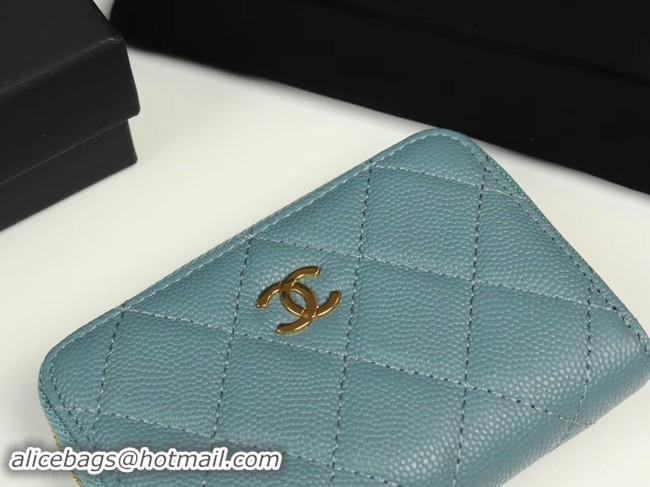 Sophisticated Chanel classic card holder Grained Calfskin & silver-Tone Metal A69271 light Blue