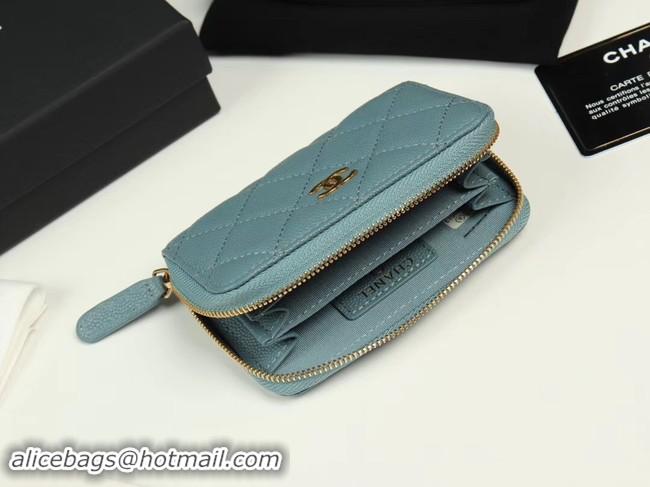 Sophisticated Chanel classic card holder Grained Calfskin & silver-Tone Metal A69271 light Blue