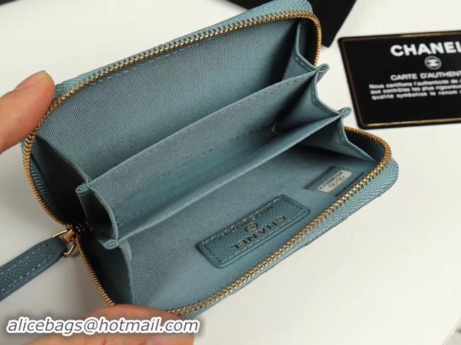 Sophisticated Chanel classic card holder Grained Calfskin & silver-Tone Metal A69271 light Blue