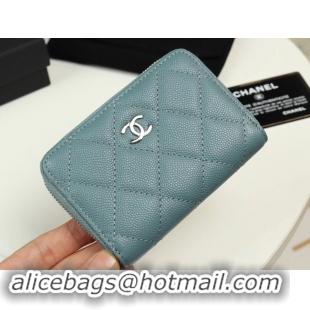 Duplicate Chanel classic card holder Grained Calfskin & silver-Tone Metal A69271 light Blue