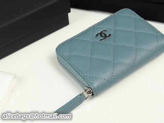 Duplicate Chanel classic card holder Grained Calfskin & silver-Tone Metal A69271 light Blue