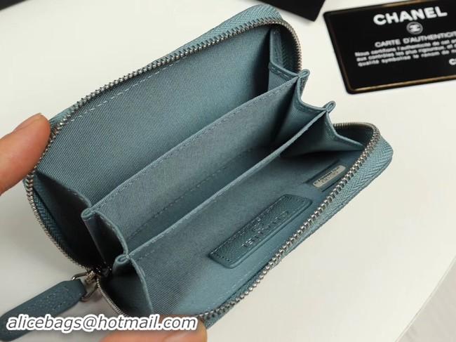 Duplicate Chanel classic card holder Grained Calfskin & silver-Tone Metal A69271 light Blue