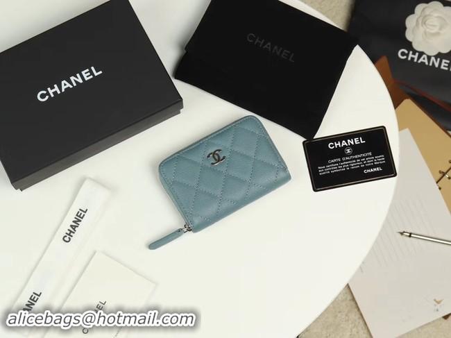 Duplicate Chanel classic card holder Grained Calfskin & silver-Tone Metal A69271 light Blue