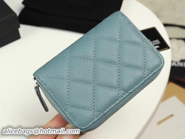 Duplicate Chanel classic card holder Grained Calfskin & silver-Tone Metal A69271 light Blue