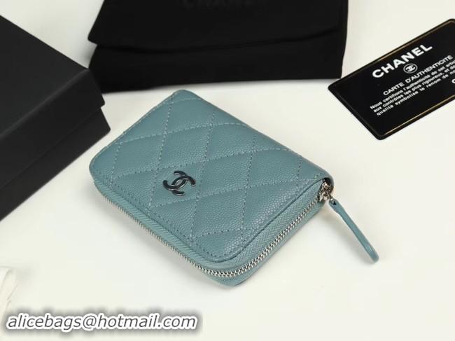 Duplicate Chanel classic card holder Grained Calfskin & silver-Tone Metal A69271 light Blue