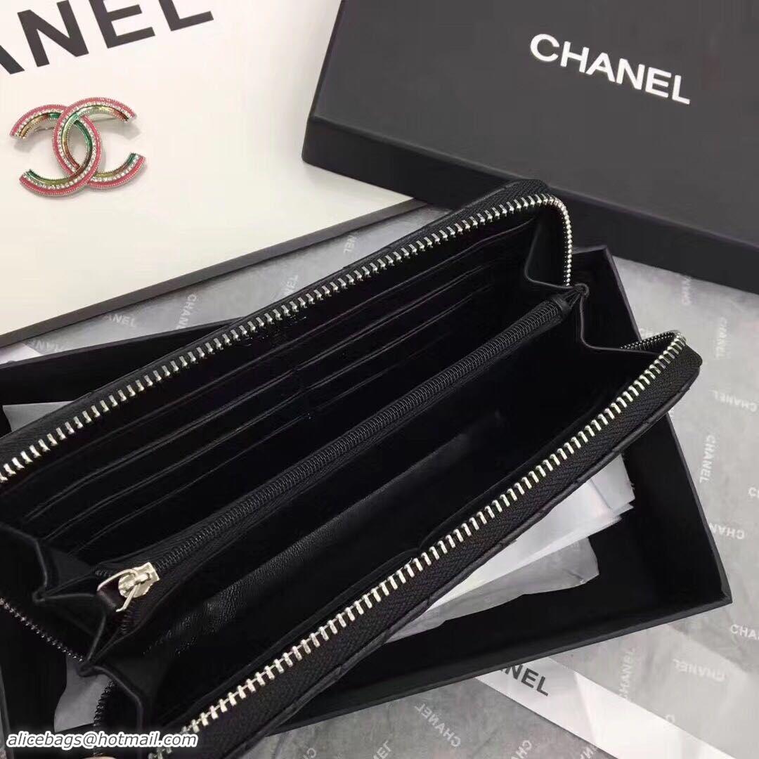 Luxury Chanel Chevron Sheepskin Leather Zippy Wallet Black A50498 Silver