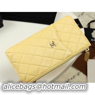 Discount Chanel Calfskin Leather Card packet & Gold-Tone Metal A81598 yellow