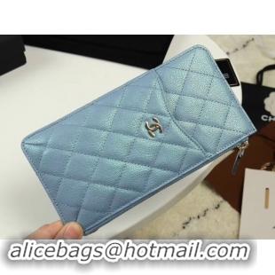 Best Grade Chanel Calfskin Leather Card packet & Gold-Tone Metal A81598 light blue