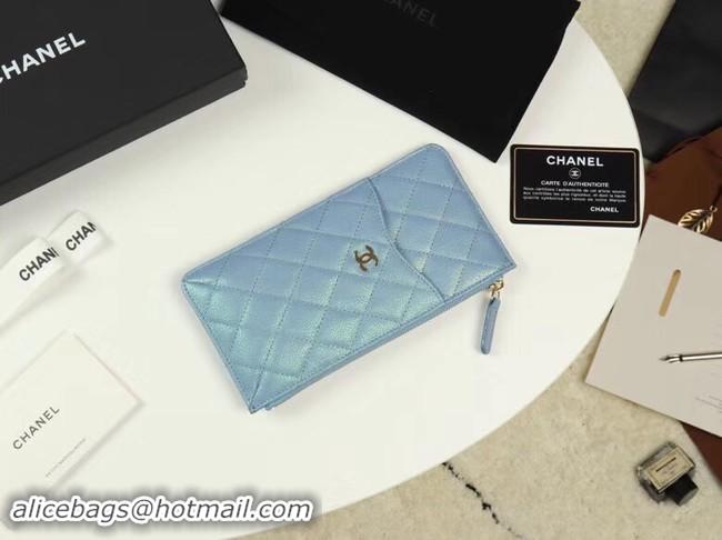 Best Grade Chanel Calfskin Leather Card packet & Gold-Tone Metal A81598 light blue