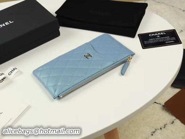 Best Grade Chanel Calfskin Leather Card packet & Gold-Tone Metal A81598 light blue