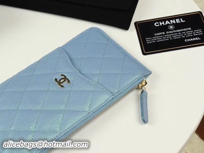 Best Grade Chanel Calfskin Leather Card packet & Gold-Tone Metal A81598 light blue