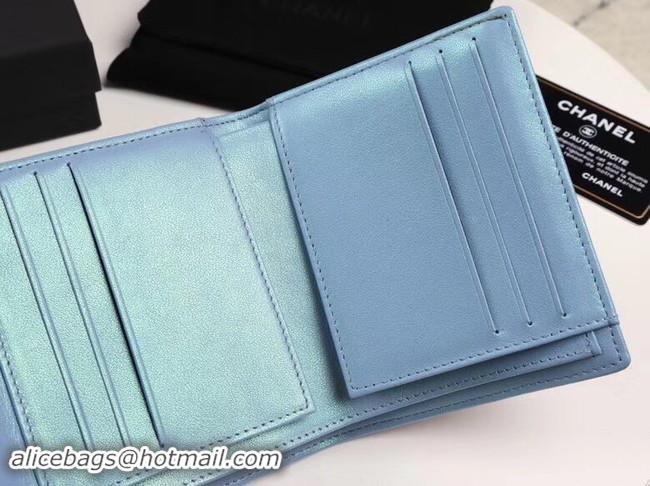 Top Grade Chanel Calfskin Leather Card packet & Gold-Tone Metal A82288 light blue