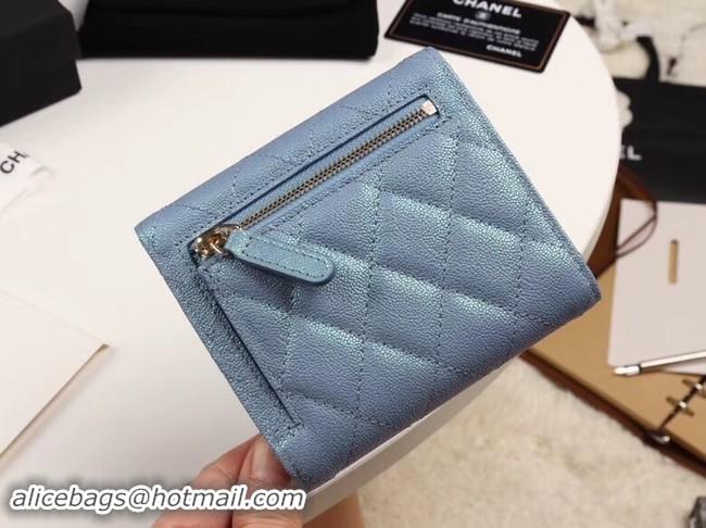 Top Grade Chanel Calfskin Leather Card packet & Gold-Tone Metal A82288 light blue