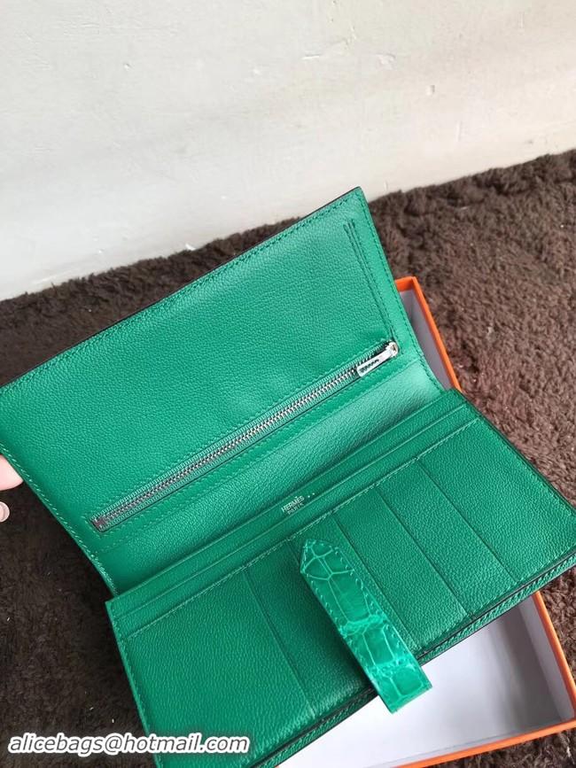 Charming Hermes 100% genuine crocodile leather kelly Wallet 33569 green