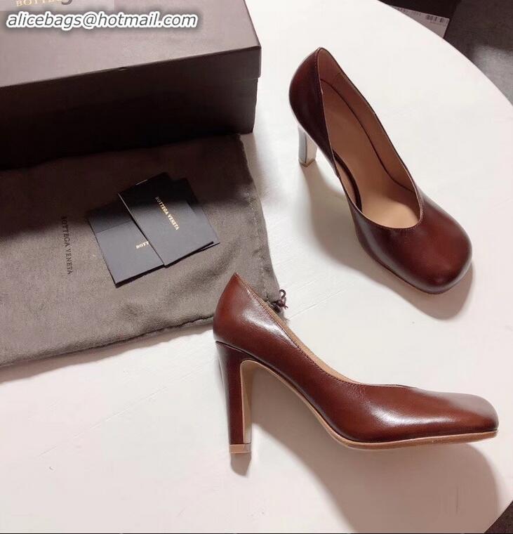 Unique Grade Bottega Veneta Heel 9cm Square Toe Bloc Pumps BV9216 Coffee 2019