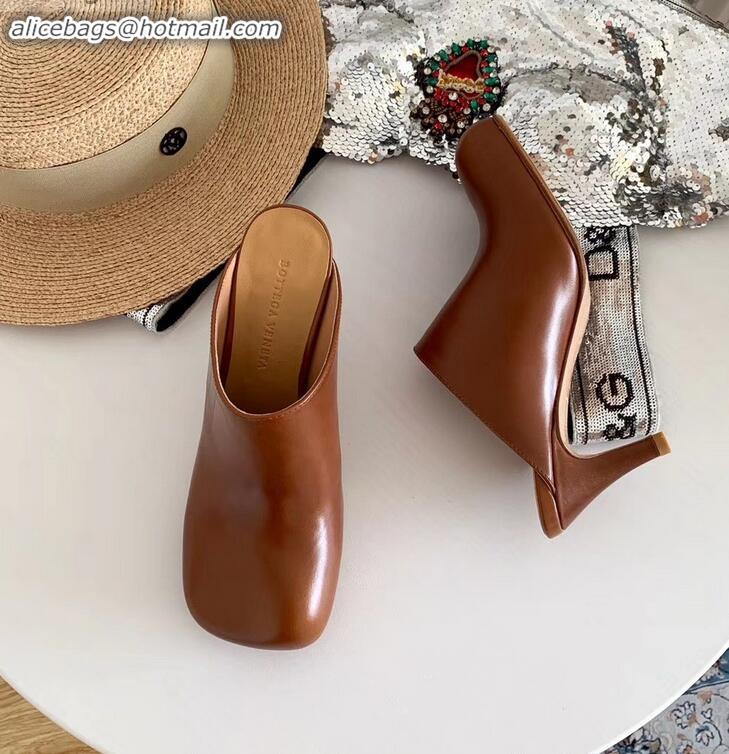 New Design Bottega Veneta Heel 8.5cm Square Toe Bloc Mules BV9081 Coffee 2019