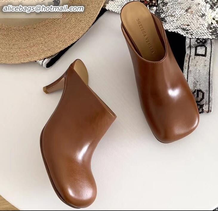 New Design Bottega Veneta Heel 8.5cm Square Toe Bloc Mules BV9081 Coffee 2019