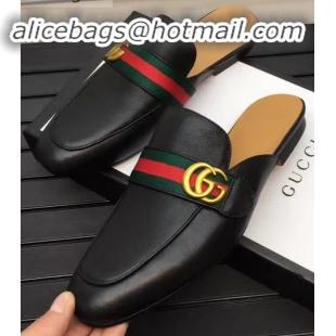 Good Quality Gucci Pincetown Double G Calfskin Web Strap Men's Slipper 469891 Black