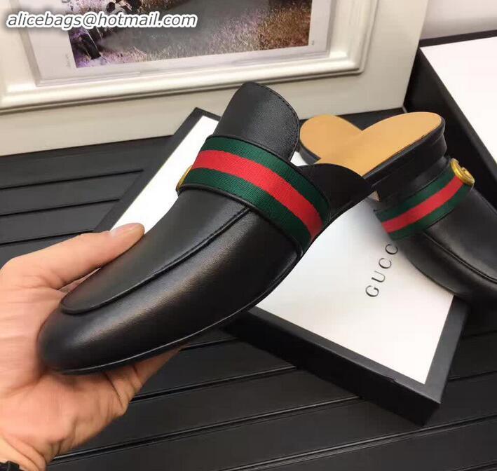 Good Quality Gucci Pincetown Double G Calfskin Web Strap Men's Slipper 469891 Black