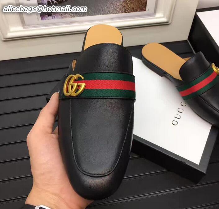 Good Quality Gucci Pincetown Double G Calfskin Web Strap Men's Slipper 469891 Black