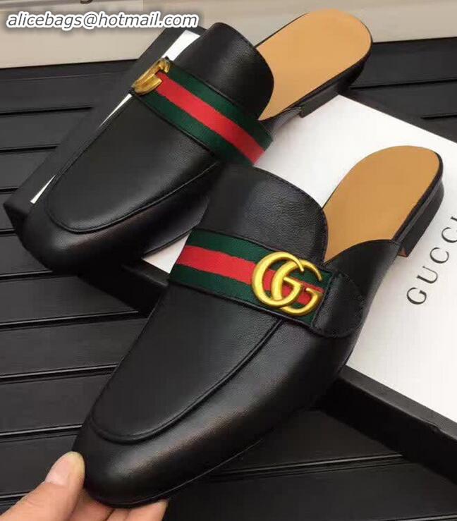 Good Quality Gucci Pincetown Double G Calfskin Web Strap Men's Slipper 469891 Black