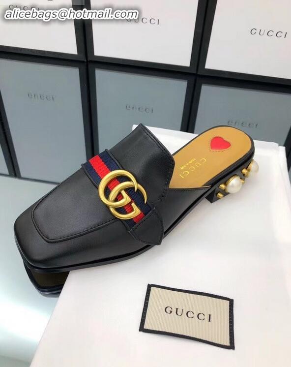 Top Design Gucci Calfskin Leather 3.5cm heel Web Details Pearls Trim Slipper 930639 Black