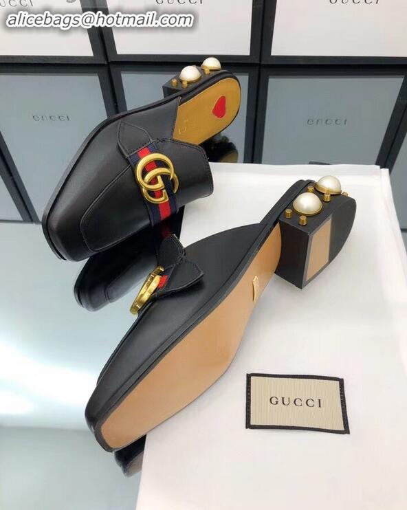 Top Design Gucci Calfskin Leather 3.5cm heel Web Details Pearls Trim Slipper 930639 Black