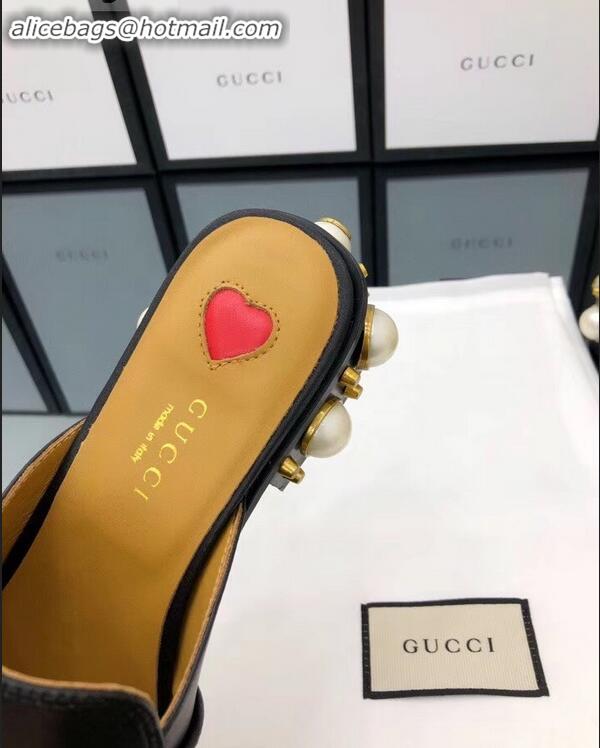 Top Design Gucci Calfskin Leather 3.5cm heel Web Details Pearls Trim Slipper 930639 Black