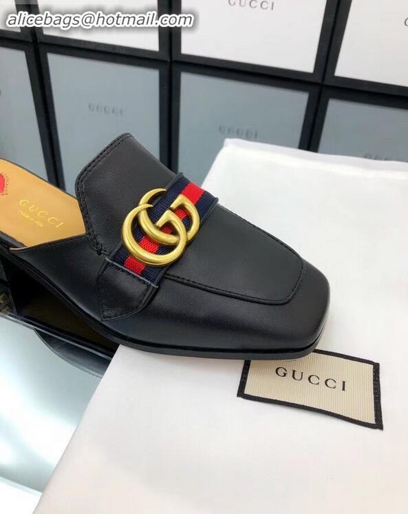 Top Design Gucci Calfskin Leather 3.5cm heel Web Details Pearls Trim Slipper 930639 Black