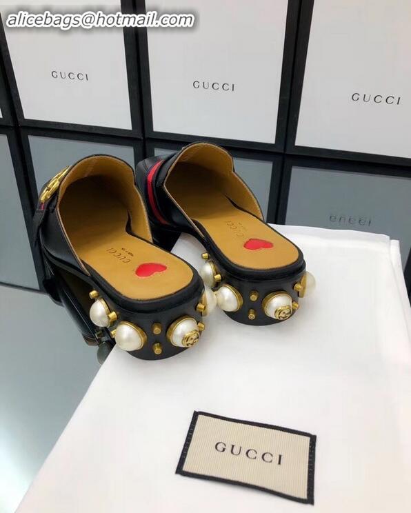 Top Design Gucci Calfskin Leather 3.5cm heel Web Details Pearls Trim Slipper 930639 Black