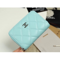 Stylish Chanel classic card holder Grained Calfskin & silver-Tone Metal A69271 sky Blue