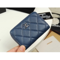 Good Quality Chanel classic card holder Grained Calfskin & silver-Tone Metal A69271 sky Blue