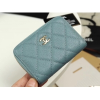 Sophisticated Chanel classic card holder Grained Calfskin & silver-Tone Metal A69271 light Blue