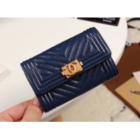 Discount Fashion Chanel Calfskin Leather Card packet & Gold-Tone Metal A80603 dark blue