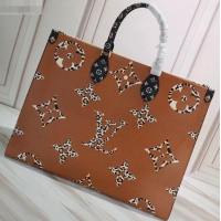 Classic Louis Vuitton Monogram Canvas Leopard Print Onthego Tote Bag M44675 Brown/White 2019