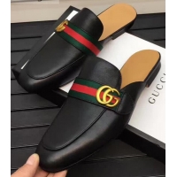 Good Quality Gucci Pincetown Double G Calfskin Web Strap Men's Slipper 469891 Black