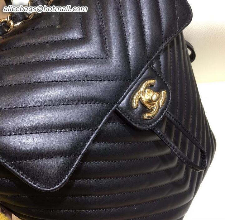 Lower Price Chanel chevron calfskin medium Backpack Bag black with gold hardware A911221