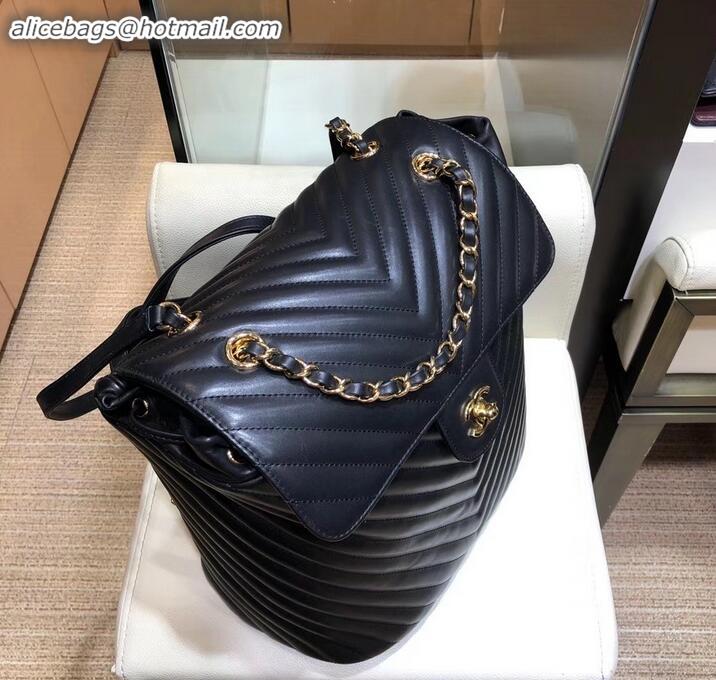 Duplicate Chanel chevron calfskin large Backpack Bag black with gold hardware A911221