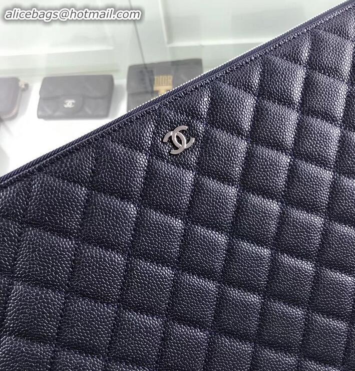 Grade Quality Chanel Classic Pouch Clutch Large Bag A82552 Caviar Leather Navy Blue/Silver