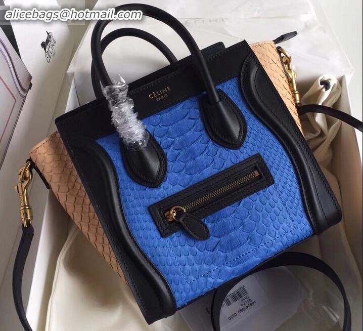 Sumptuous Celine Python Luggage Nano Bag C090901 Blue/Black/Apricot