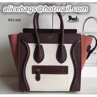 Classic Celine Mini Luggage Bag in Original Leather Burgundy/Drummed White/Crinkled Brick Red C090902