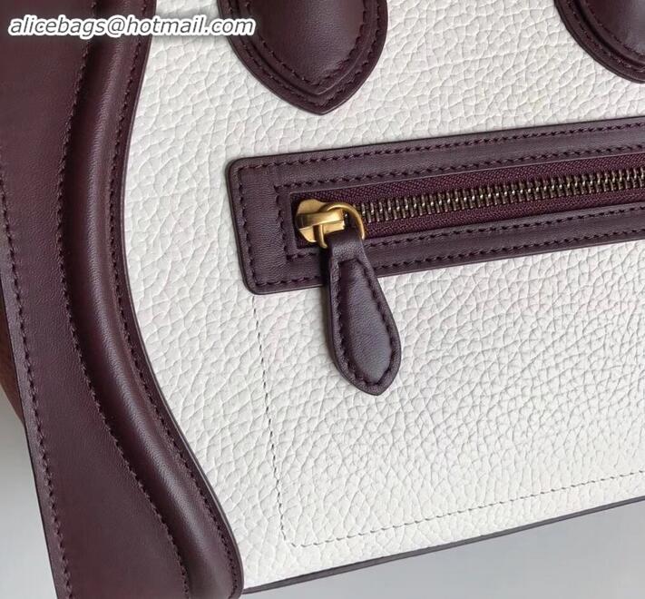 Classic Celine Mini Luggage Bag in Original Leather Burgundy/Drummed White/Crinkled Brick Red C090902