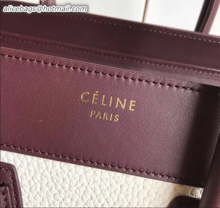 Classic Celine Mini Luggage Bag in Original Leather Burgundy/Drummed White/Crinkled Brick Red C090902