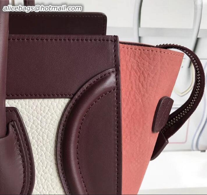 Classic Celine Mini Luggage Bag in Original Leather Burgundy/Drummed White/Crinkled Brick Red C090902