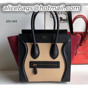 Best Product Celine Micro Luggage Bag in Original Black/Drummed Beige/Suede Dark Red C090904