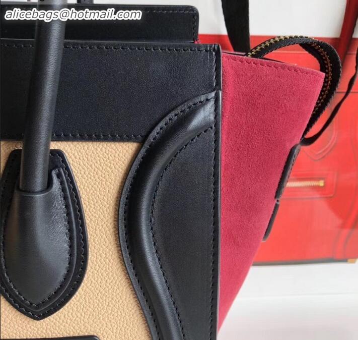 Best Product Celine Micro Luggage Bag in Original Black/Drummed Beige/Suede Dark Red C090904