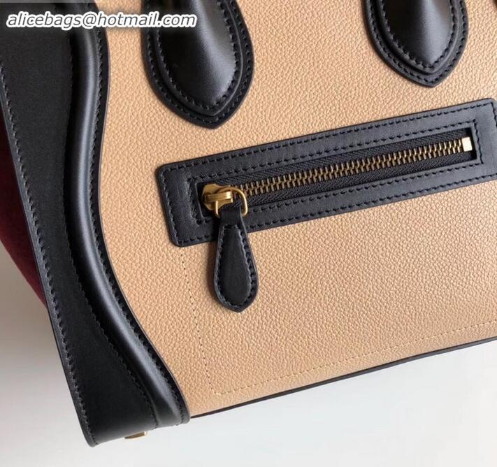 Best Product Celine Micro Luggage Bag in Original Black/Drummed Beige/Suede Dark Red C090904