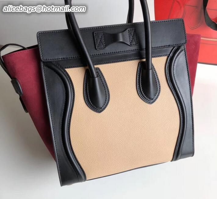 Best Product Celine Micro Luggage Bag in Original Black/Drummed Beige/Suede Dark Red C090904